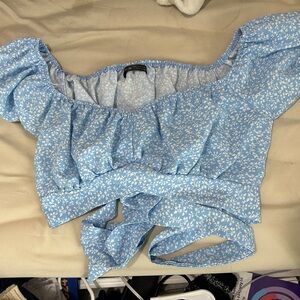 Blue tie crop top with white flowers